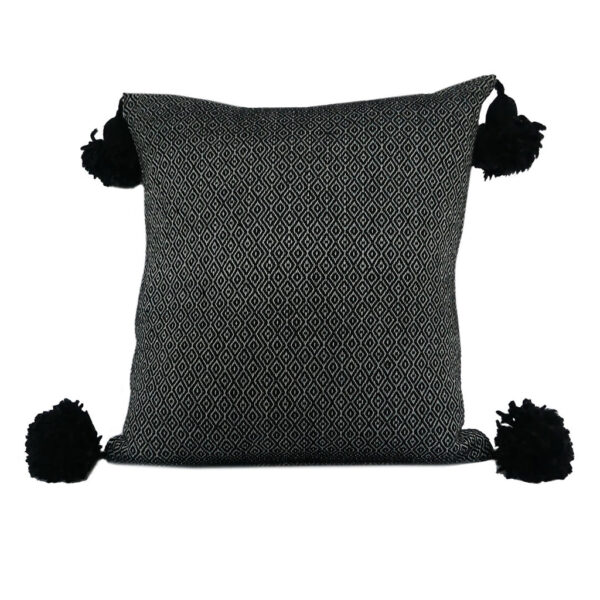 Moroccan Pompom Pillow – White with Silver Stripes, Handwoven Cotton Cushion Cover