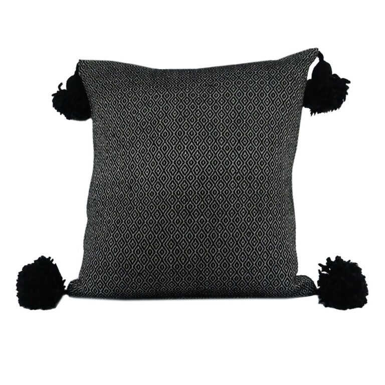 Moroccan Pompom Pillow – White with Silver Stripes, Handwoven Cotton Cushion Cover