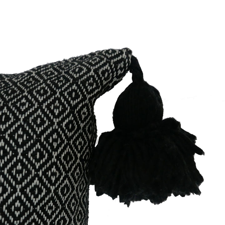 Moroccan Pompom Pillow – White with Silver Stripes, Handwoven Cotton Cushion Cover
