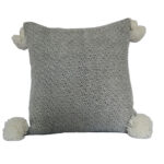Moroccan Pompom Pillow – White with Silver Stripes, Handwoven Cotton Cushion Cover