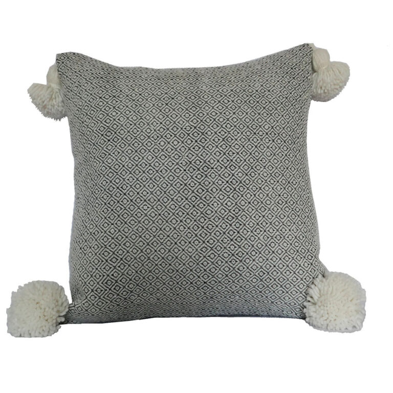 Moroccan Pompom Pillow – White with Silver Stripes, Handwoven Cotton Cushion Cover