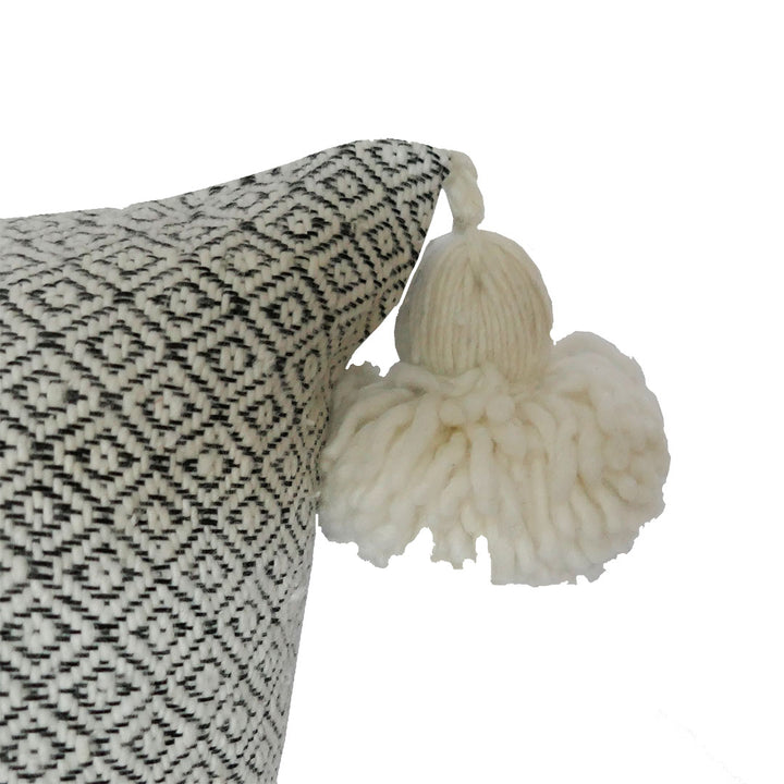 Moroccan Pompom Pillow – White with Silver Stripes, Handwoven Cotton Cushion Cover