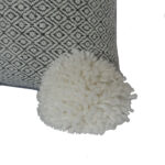 Moroccan Pompom Pillow – White with Silver Stripes, Handwoven Cotton Cushion Cover