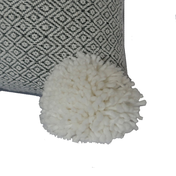 Moroccan Pompom Pillow – White with Silver Stripes, Handwoven Cotton Cushion Cover