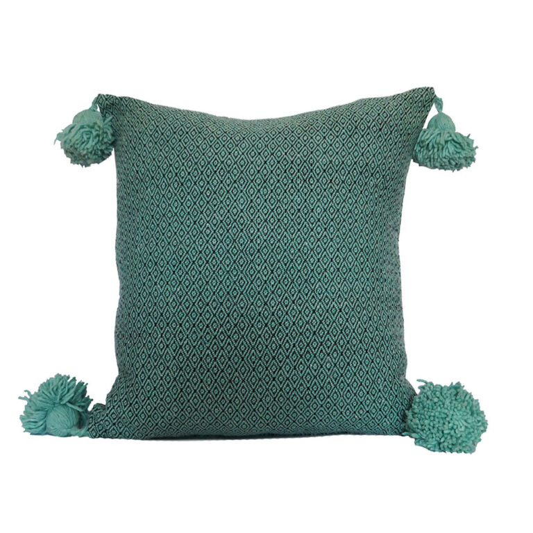 Moroccan Pompom Pillow – White with Silver Stripes, Handwoven Cotton Cushion Cover