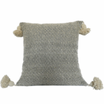 Moroccan Pompom Pillow – White with Silver Stripes, Handwoven Cotton Cushion Cover
