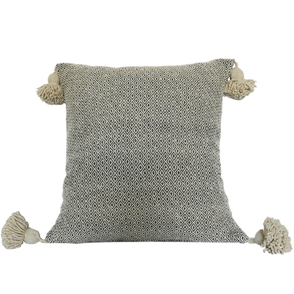 Moroccan Pompom Pillow – White with Silver Stripes, Handwoven Cotton Cushion Cover