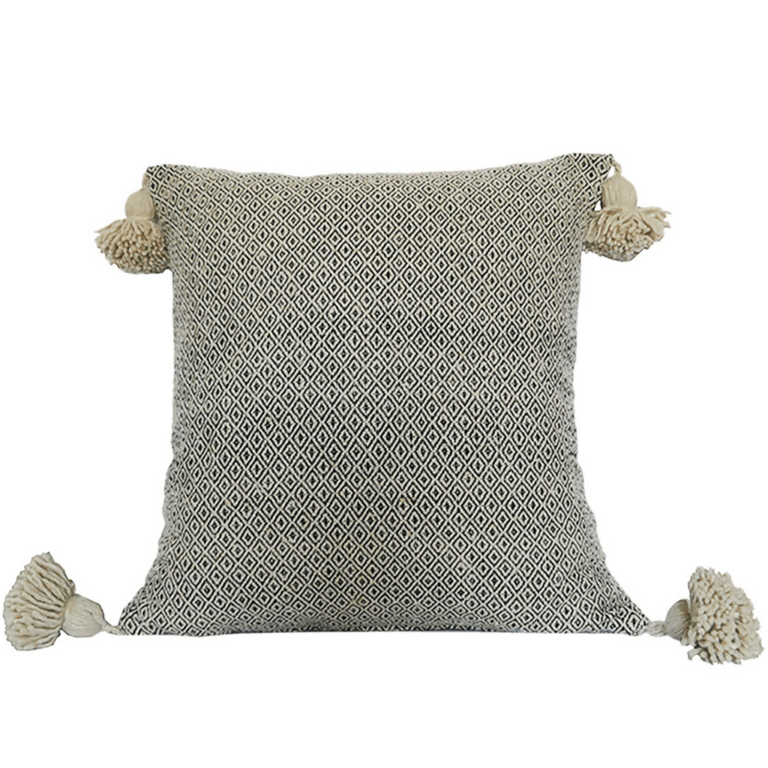Moroccan Pompom Pillow – White with Silver Stripes, Handwoven Cotton Cushion Cover