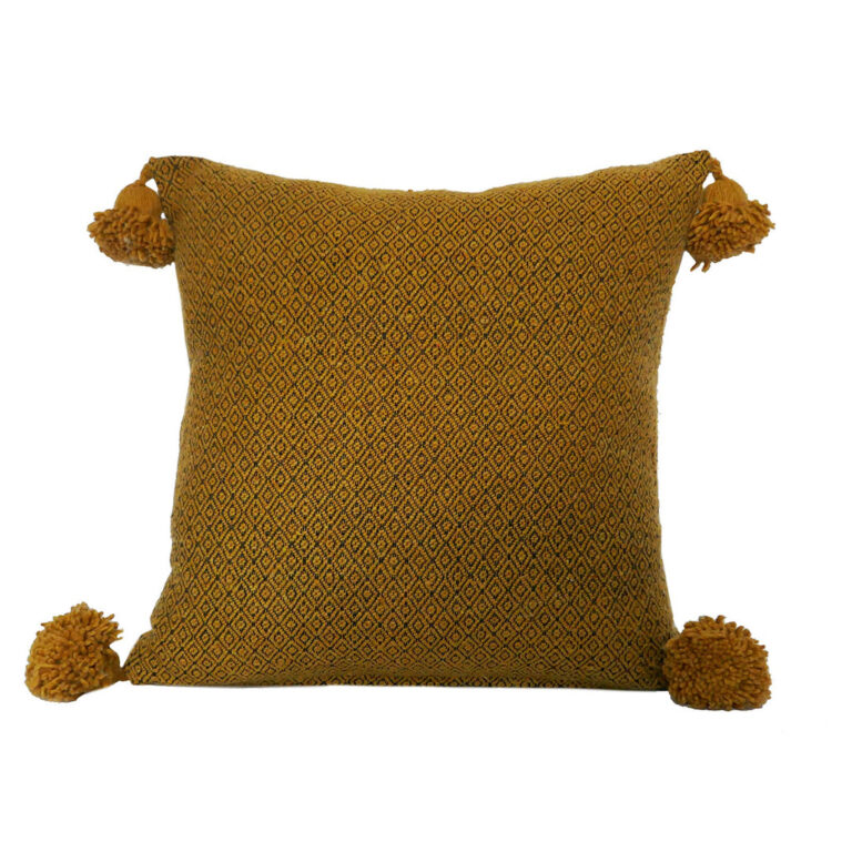 Moroccan Pompom Pillow – White with Silver Stripes, Handwoven Cotton Cushion Cover