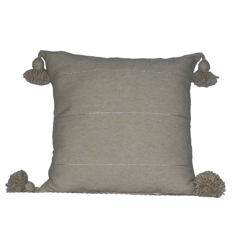 Moroccan Pompom Pillow – White with Silver Stripes, Handwoven Cotton Cushion Cover