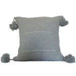 Moroccan Pompom Pillow – White with Silver Stripes, Handwoven Cotton Cushion Cover