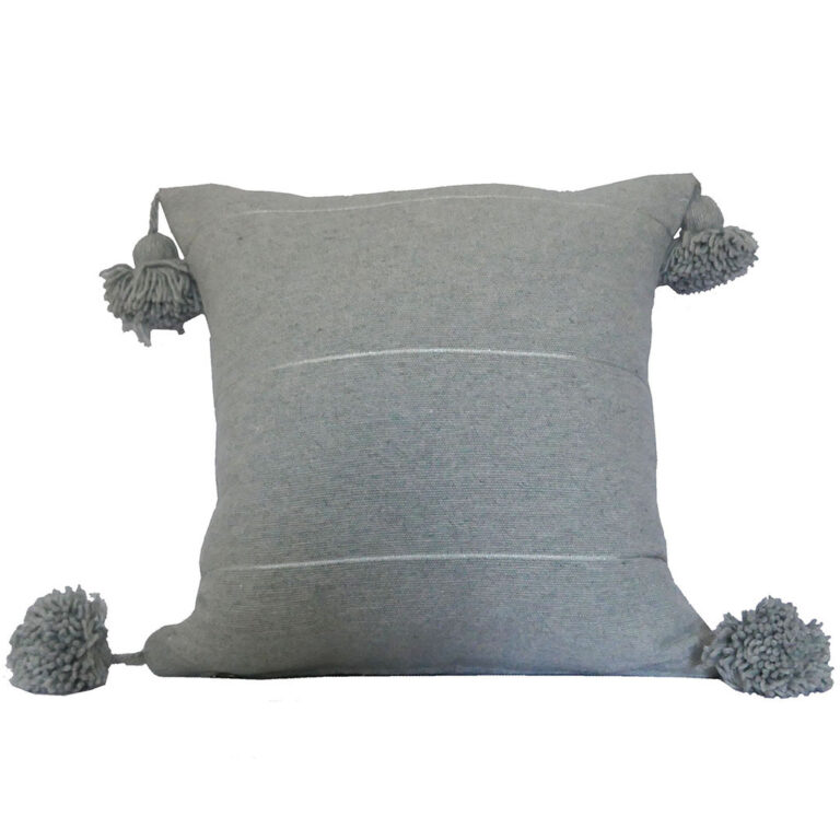 Moroccan Pompom Pillow – White with Silver Stripes, Handwoven Cotton Cushion Cover