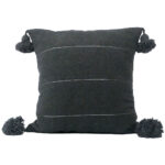 Moroccan Pompom Pillow – White with Silver Stripes, Handwoven Cotton Cushion Cover