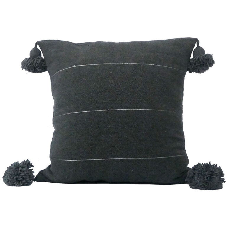 Moroccan Pompom Pillow – White with Silver Stripes, Handwoven Cotton Cushion Cover