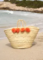 Trapeze Basket with Pompon – Orange | Handmade Moroccan Bag