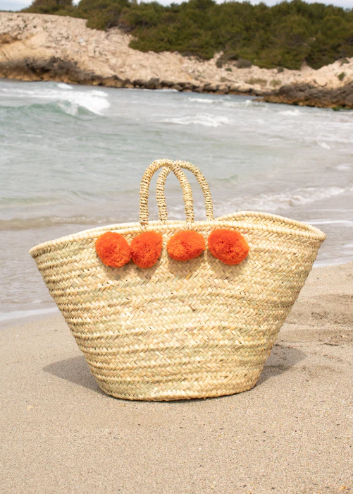 Trapeze Basket with Pompon – Orange | Handmade Moroccan Bag