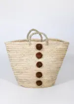 Trapeze Basket with Pompons & Buttons – Chocolate | Handmade Moroccan Bag