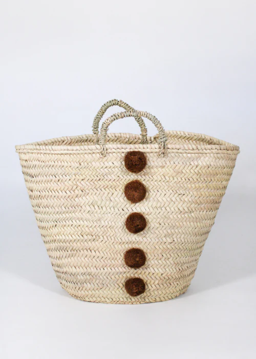 Trapeze Basket with Pompons & Buttons – Chocolate | Handmade Moroccan Bag