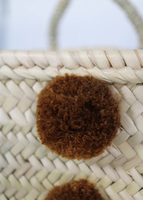 Trapeze Basket with Pompons & Buttons – Chocolate | Handmade Moroccan Bag