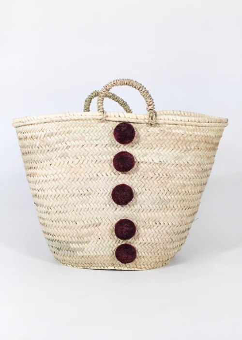 Trapeze Basket with Pompons & Buttons – Plum | Handmade Moroccan Bag
