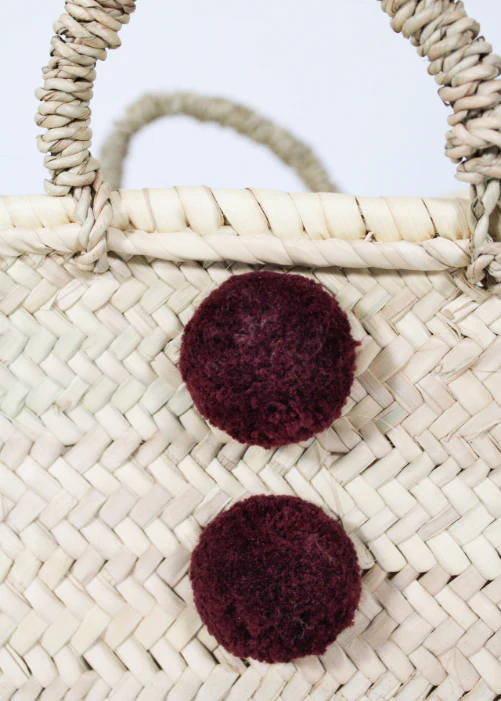 Trapeze Basket with Pompons & Buttons – Plum | Handmade Moroccan Bag