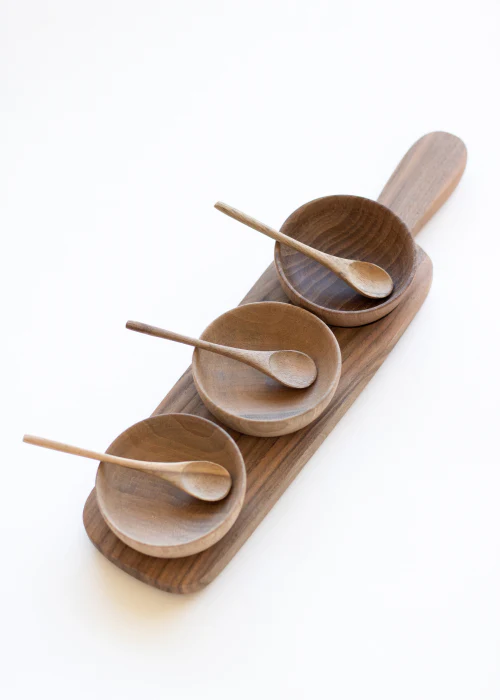 Walnut Wood Tapas Board with 3 Bowls – Handmade Moroccan Serving Set
