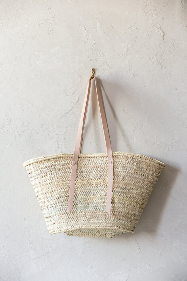 Venice French Basket Bag – Handwoven Palm Leaf Tote – Leather Handles