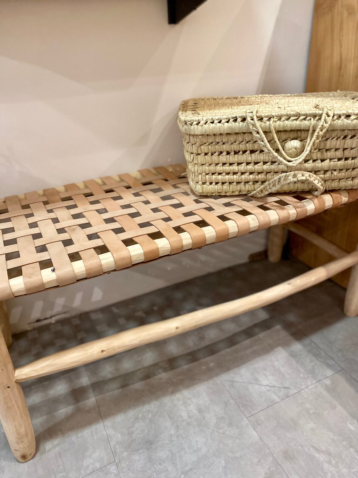 Handcrafted Moroccan Wooden Bench with Leather Seat – Artisan Boho Furniture