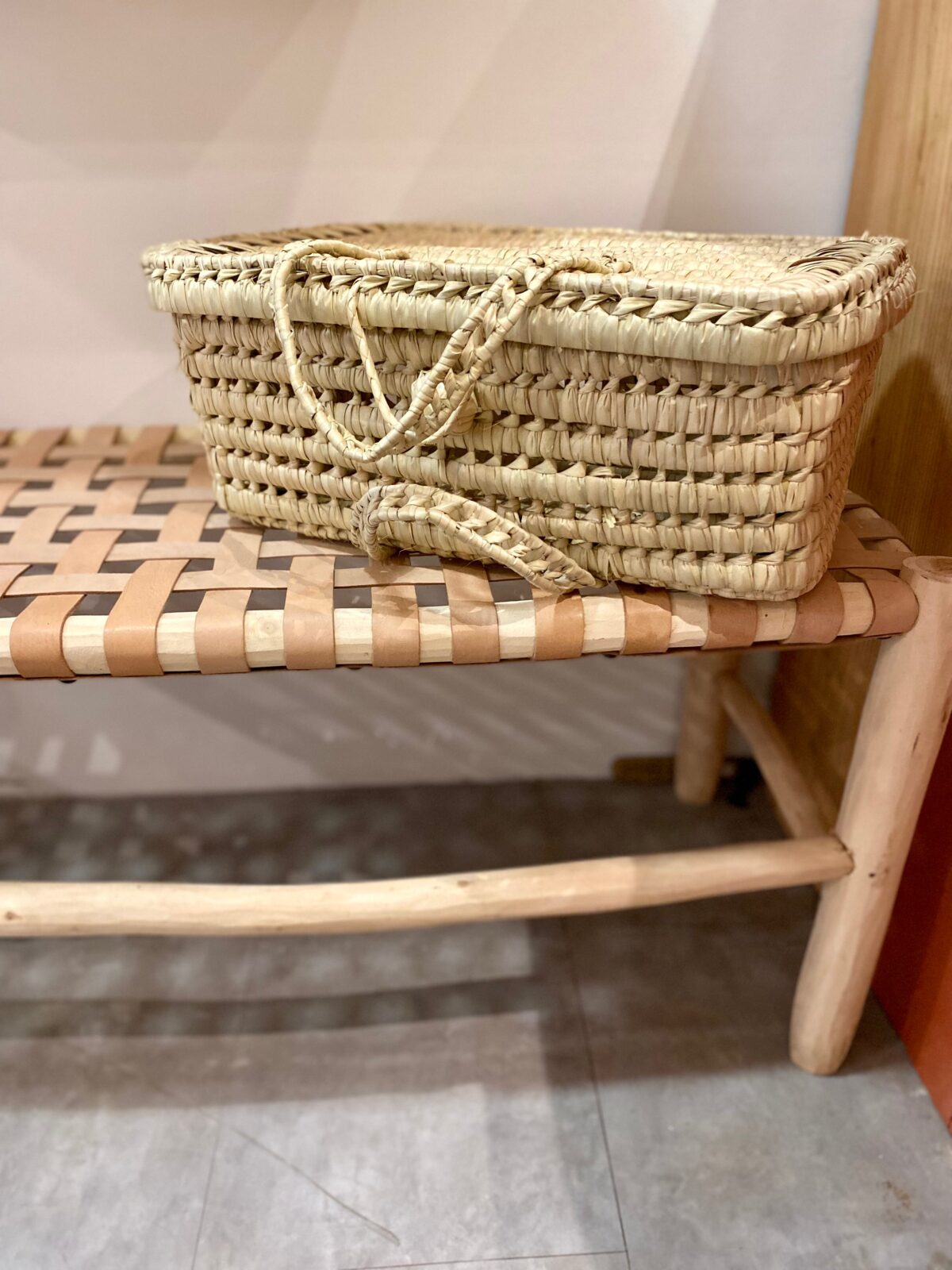 Handcrafted Moroccan Wooden Bench with Leather Seat – Artisan Boho Furniture