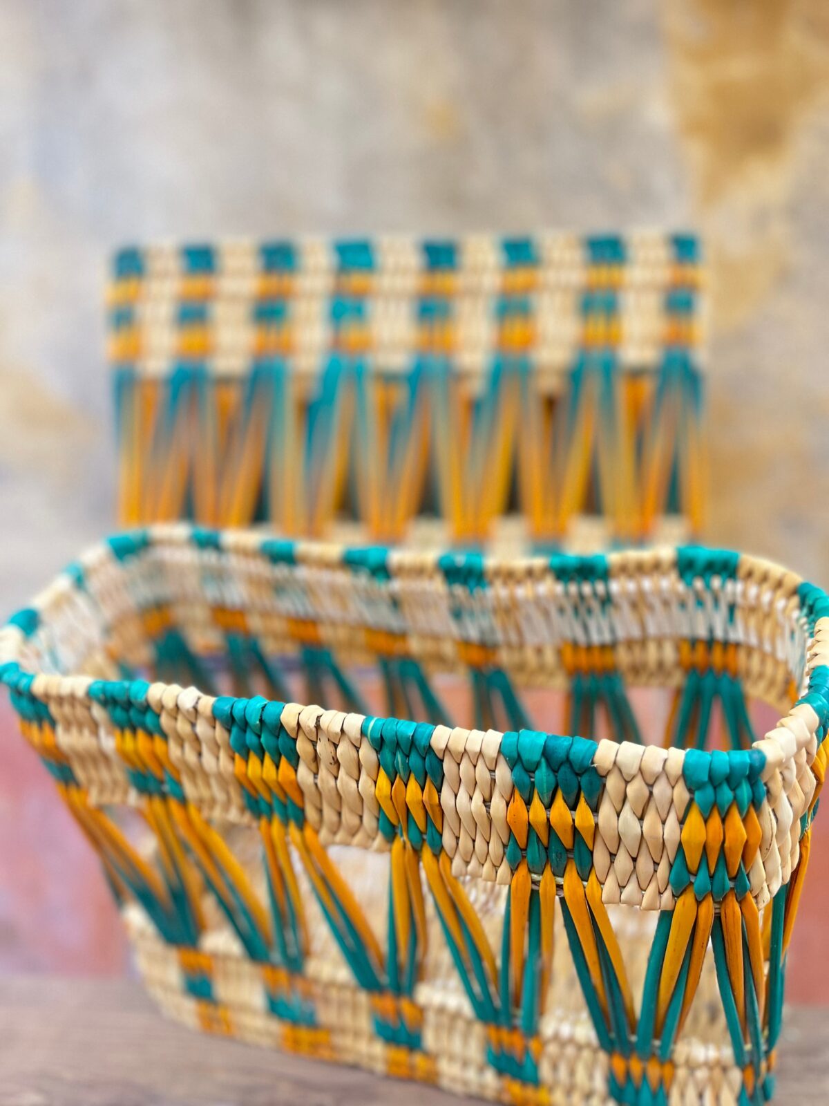 Handmade Painted Rectangular Baskets – Moroccan Artisan Craft, Natural Fiber Storage, Unique & Decorative