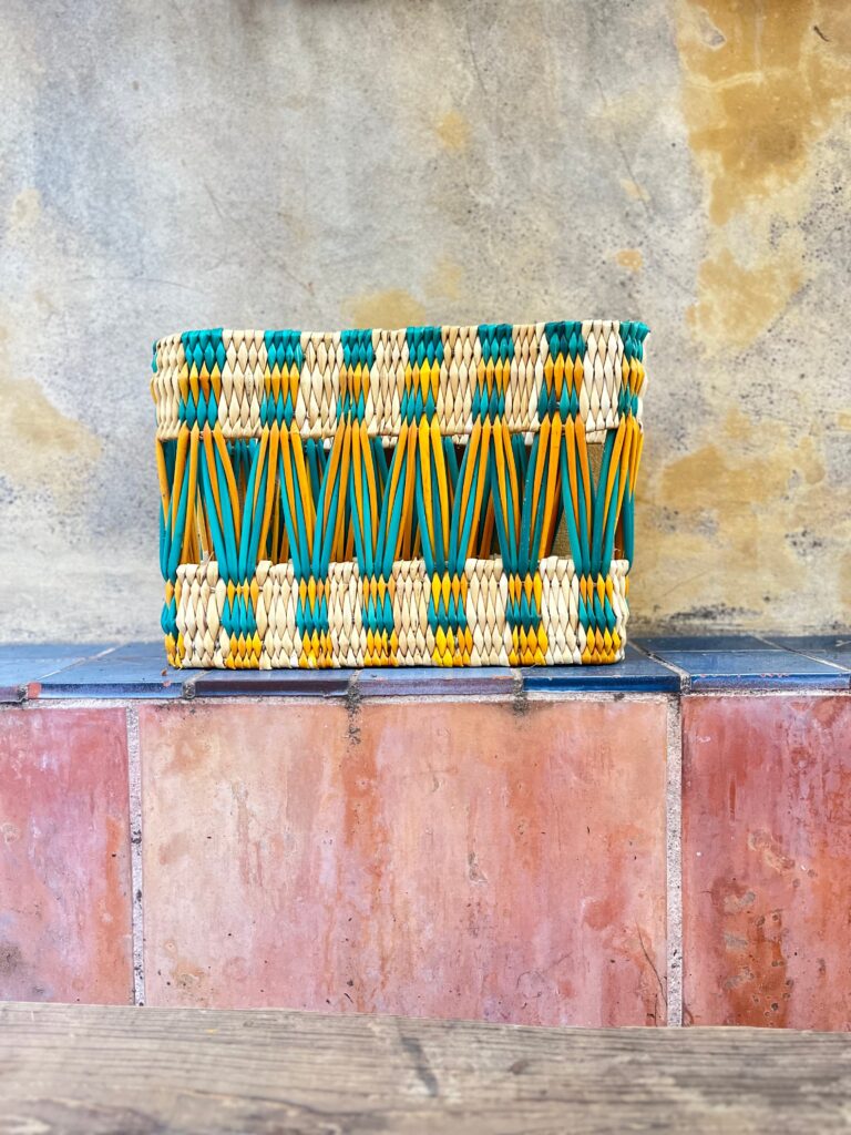 Handmade Painted Rectangular Baskets – Moroccan Artisan Craft, Natural Fiber Storage, Unique & Decorative