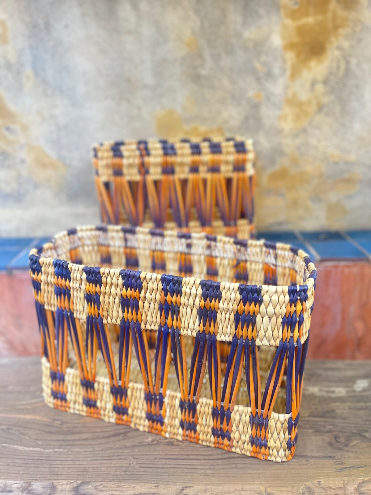 Handmade Painted Rectangular Baskets – Moroccan Artisan Craft, Natural Fiber Storage, Unique & Decorative
