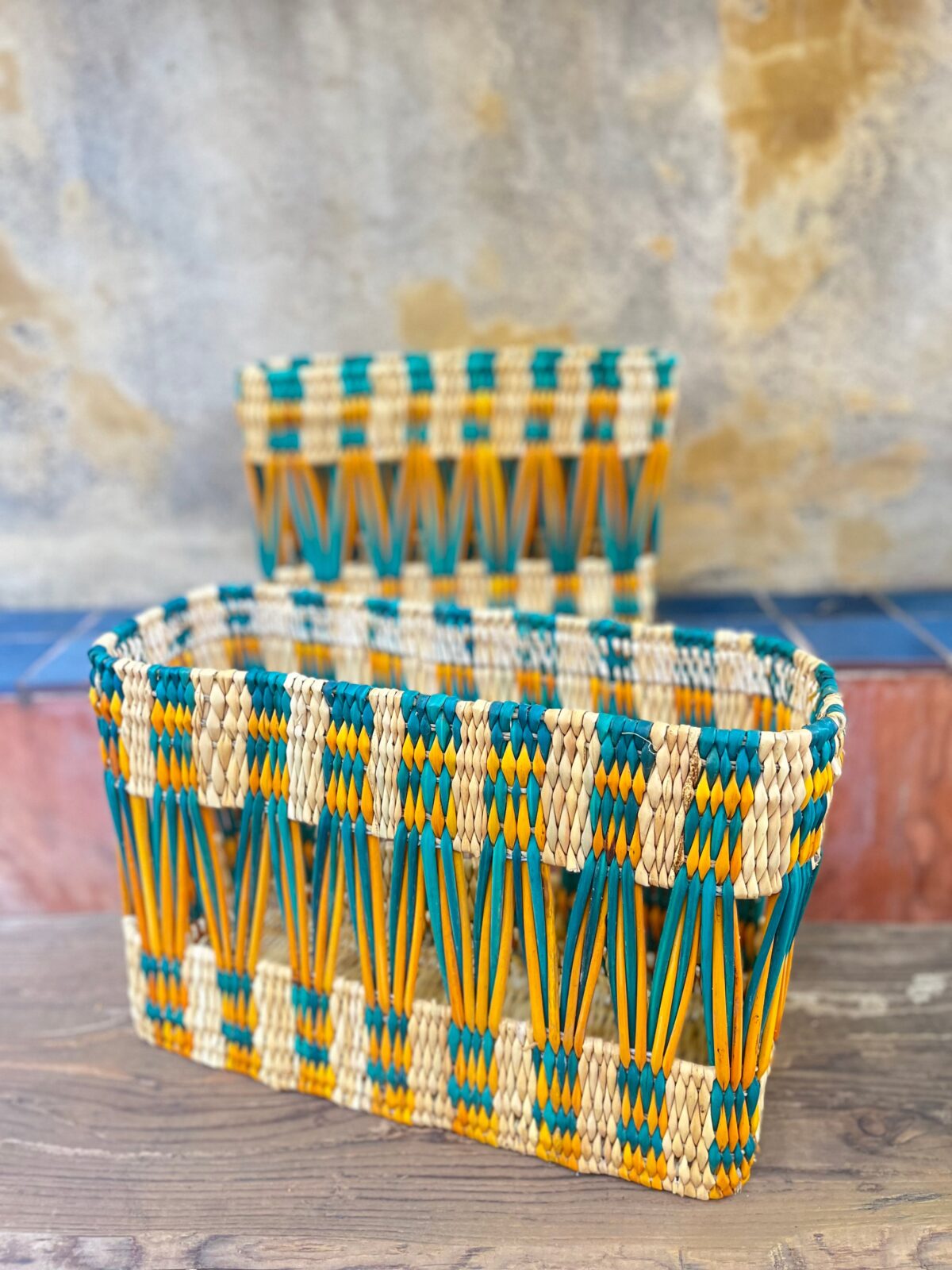Handmade Painted Rectangular Baskets – Moroccan Artisan Craft, Natural Fiber Storage, Unique & Decorative