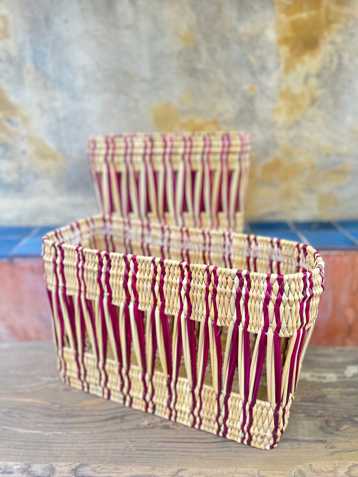 Handmade Painted Rectangular Baskets – Moroccan Artisan Craft, Natural Fiber Storage, Unique & Decorative