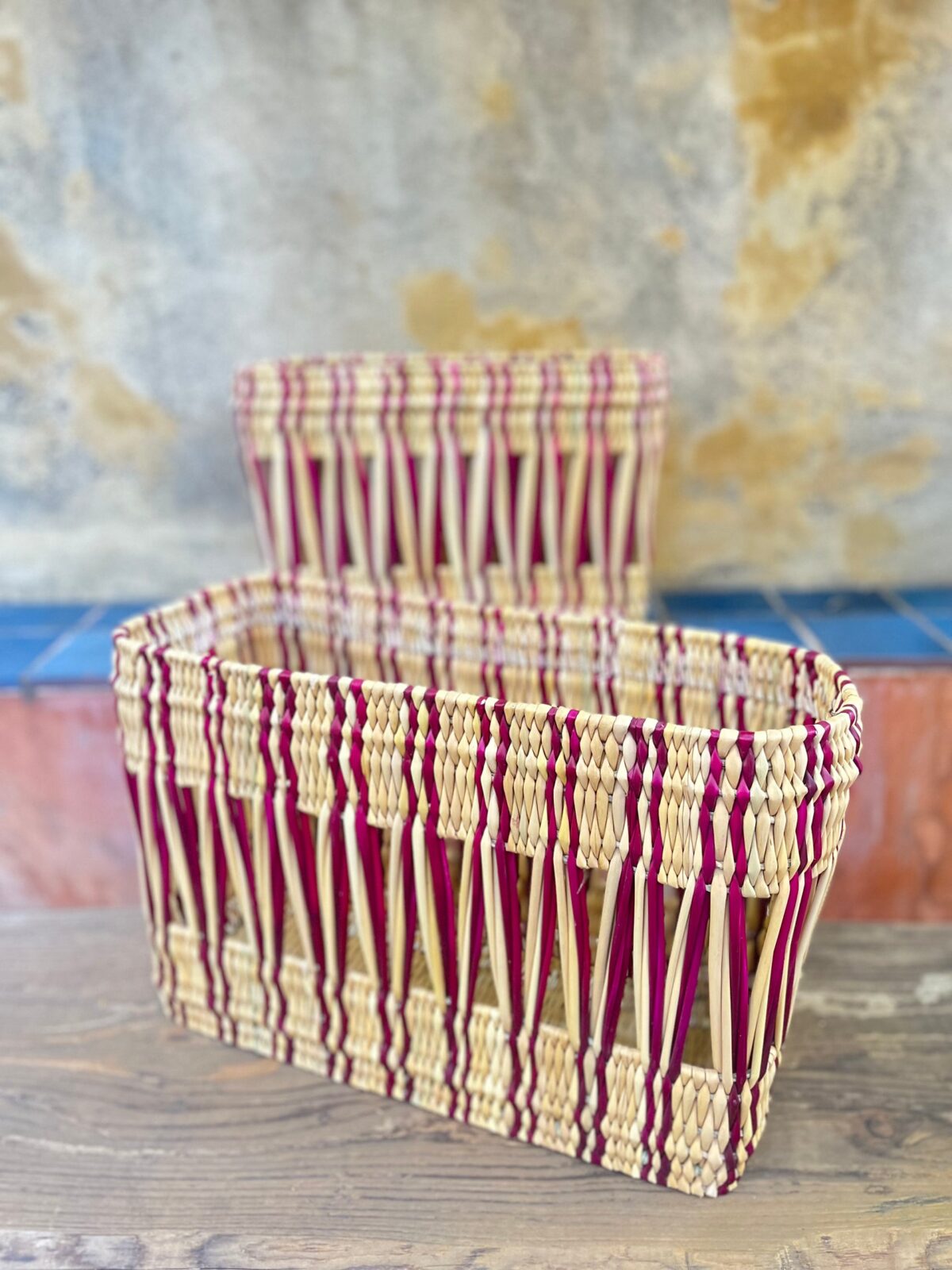 Handmade Painted Rectangular Baskets – Moroccan Artisan Craft, Natural Fiber Storage, Unique & Decorative