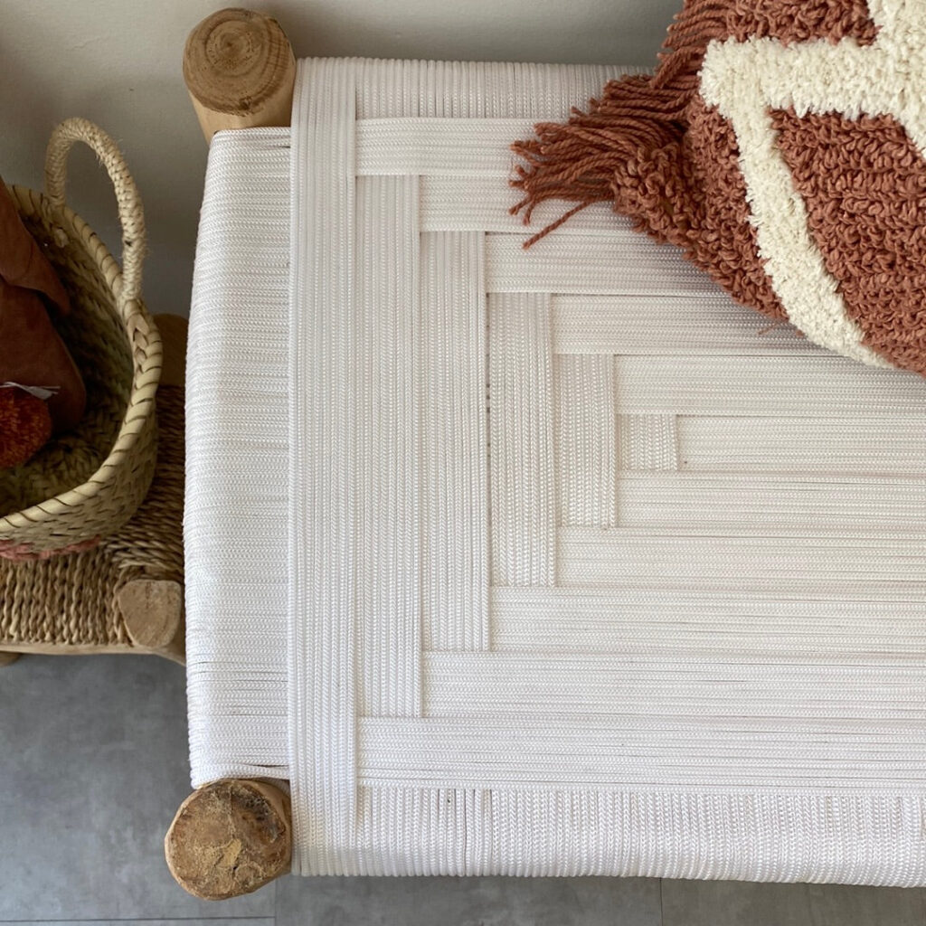 Handwoven Moroccan Cord Bench – Natural Eucalyptus Wood & Braided Rope Seat