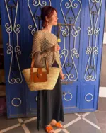 Handwoven Raffia & Leather Basket “Soleil Nomade” – Boho Chic, Lightweight & Spacious, Available in Camel, Black & Ecru