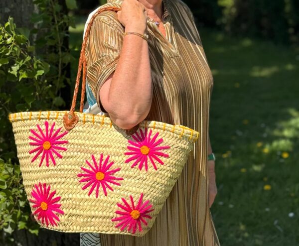 Handmade Palm Leaf Basket with Fuchsia Flower Embroidery – Moroccan Artisan Craft, Leather Handles, Unique & Authentic