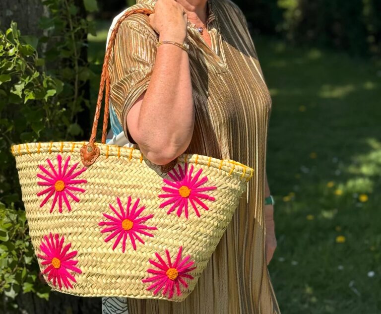 Handmade Palm Leaf Basket with Fuchsia Flower Embroidery – Moroccan Artisan Craft, Leather Handles, Unique & Authentic