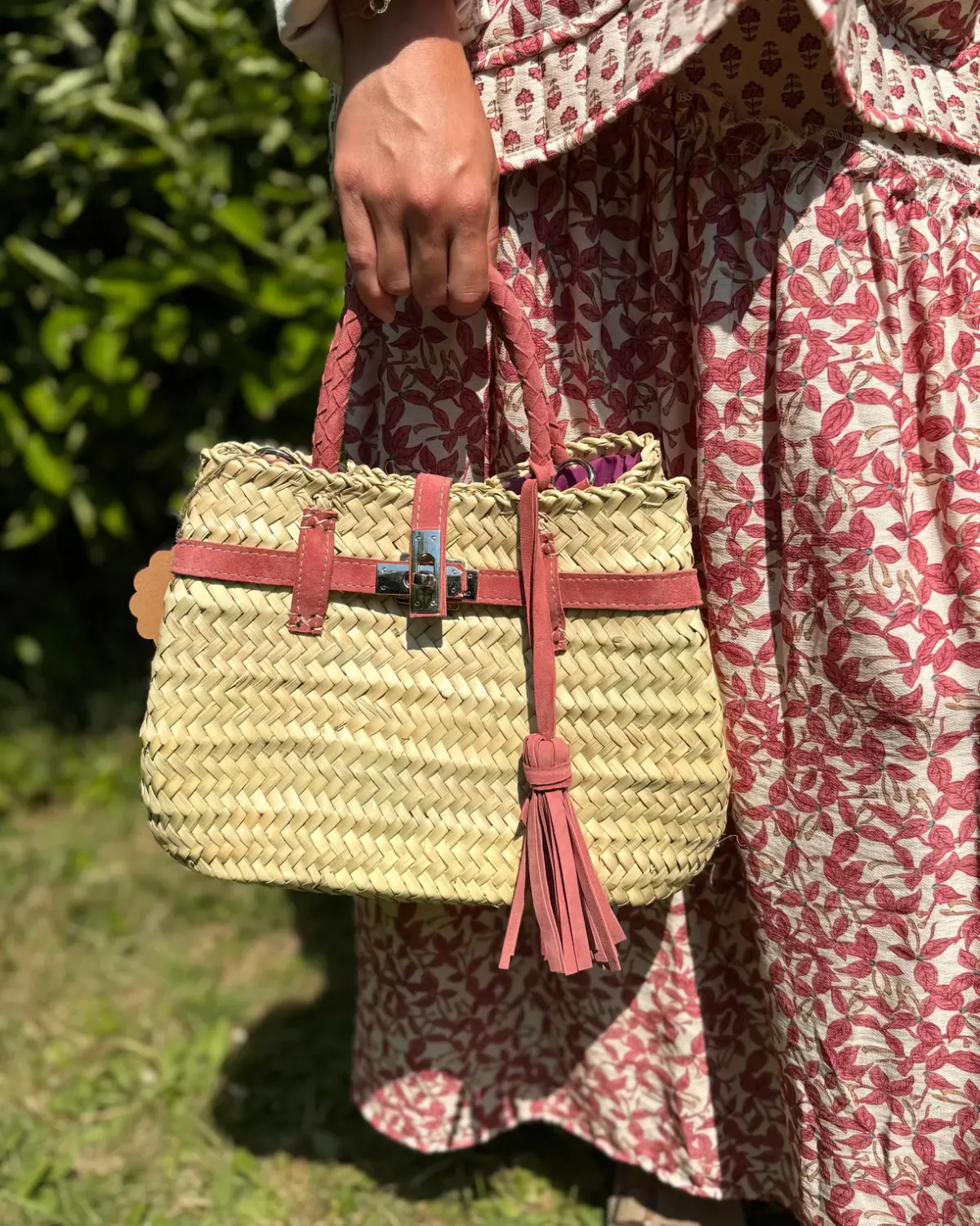 Handmade Palm Leaf Handbag H – Nubuck Strap with Matching Tassel, Artisan Craft, Available in Blue, Pink & Orange