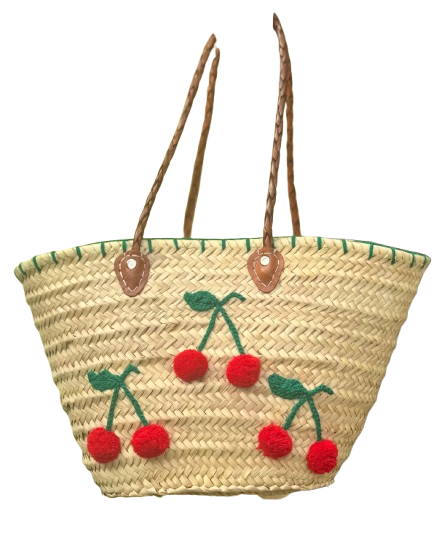 Handmade Palm Leaf Basket with Cherry Embroidery 🍒 – Moroccan Artisan Craft, Leather Handles, Unique & Authentic