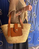 Handwoven Raffia & Leather Basket “Soleil Nomade” – Boho Chic, Lightweight & Spacious, Available in Camel, Black & Ecru
