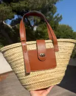 Handwoven Raffia & Leather Basket “Soleil Nomade” – Boho Chic, Lightweight & Spacious, Available in Camel, Black & Ecru