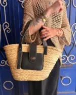 Handwoven Raffia & Leather Basket “Soleil Nomade” – Boho Chic, Lightweight & Spacious, Available in Camel, Black & Ecru