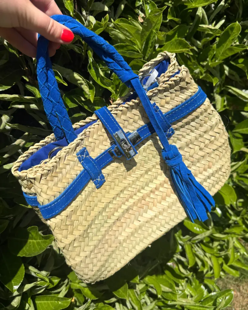 Handmade Palm Leaf Handbag H – Nubuck Strap with Matching Tassel, Artisan Craft, Available in Blue, Pink & Orange