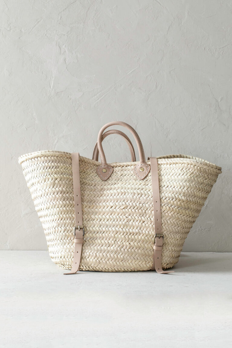 French Basket Backpack – Handwoven Palm Leaf Bag with Leather Straps