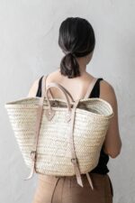 French Basket Backpack – Handwoven Palm Leaf Bag with Leather Straps