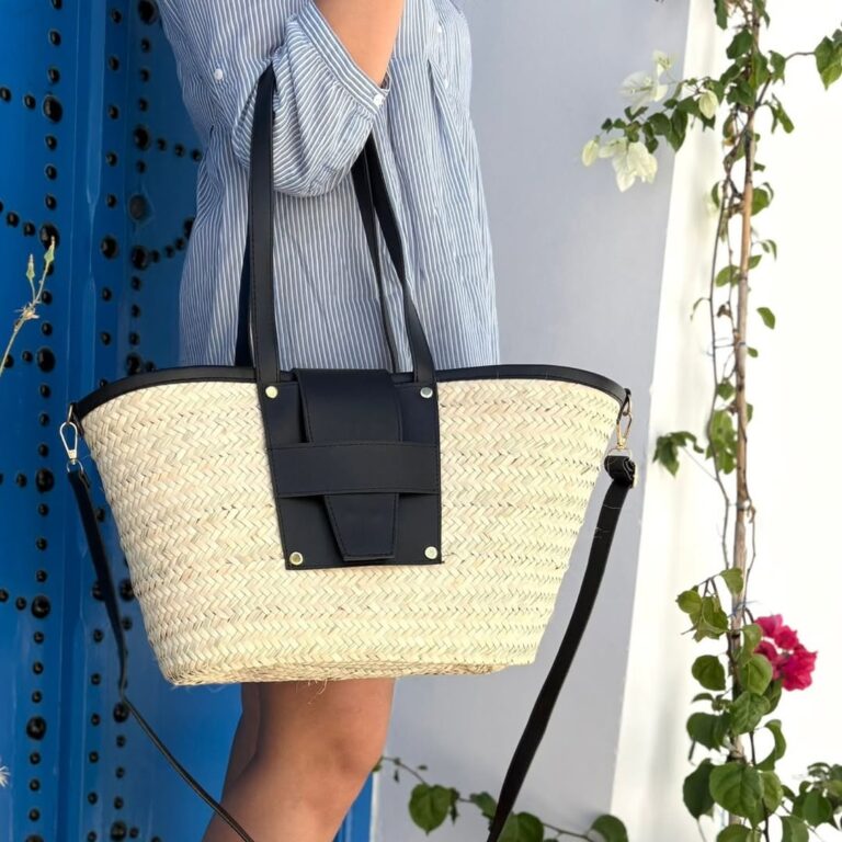 Handmade Straw Tote Bag with White Leather Handle & Crossbody Strap – Elegant Summer Basket Bag
